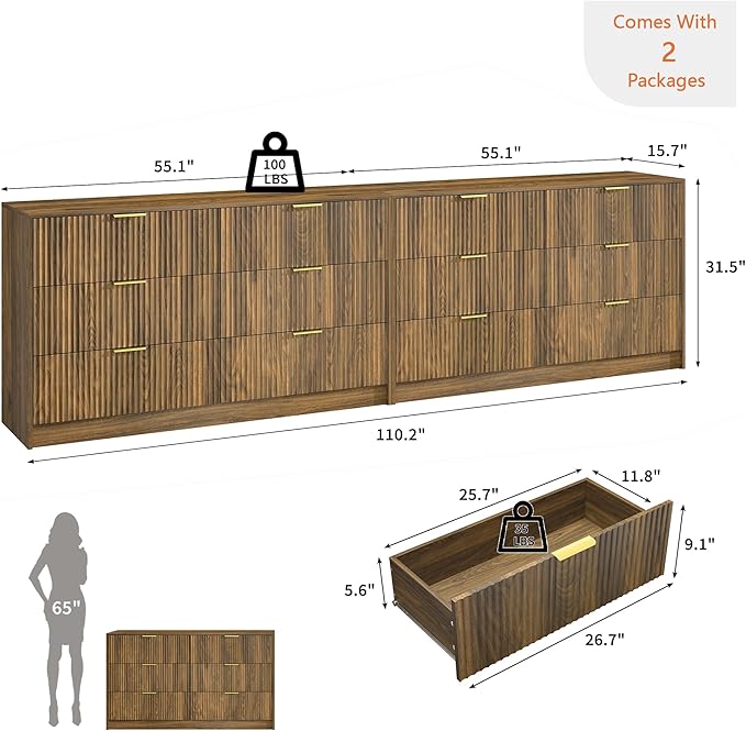 Walnut Dresser Set of 2, Long Dresser for Bedroom Wooden with 12 Drawers, Fluted Modern Bedroom Furniture Set, TV Stand Dressers & Chests of Drawers for Closet (15.7"D x 110.2"W x 31.8"H)
