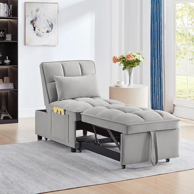 3 in 1 Convertible Sleeper Sofa Chair, Velvet Tufted Single Pull Out Couch Bed with Adjustable Backrest and Pillow