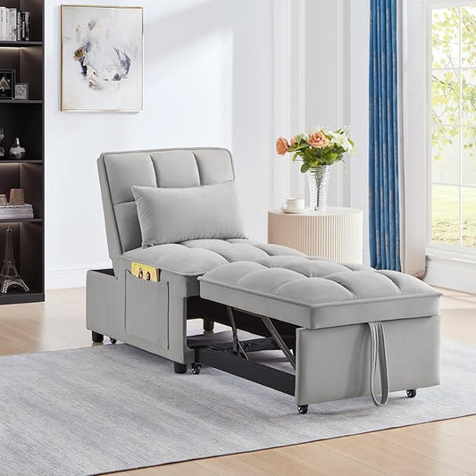 3 in 1 Convertible Sleeper Sofa Chair, Velvet Tufted Single Pull Out Couch Bed with Adjustable Backrest and Pillow