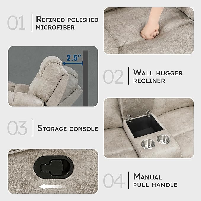 Lexicon Manual Double Reclining Loveseat, Polished Microfiber Manual Wall Hugger Loveseat Recliner for Living Room, Center Storage Console/Cup Holders/Pillow Top Arm, Easy Assembly, Pewter