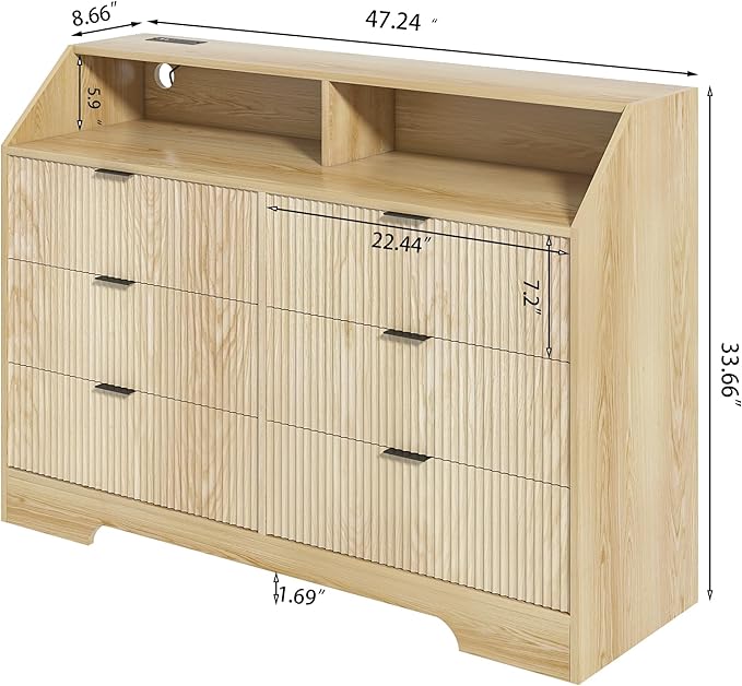 Women Bedroom Furniture Set of 2 Fluted Dresser and Makeup Vanity Desk with Charging Station Wood Dressing Table with 3 Lighting Modes and Accent Fluted Drawer Dresser for Women's Bedroom