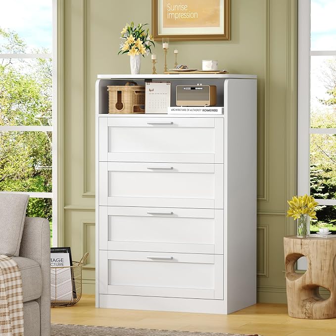 TEENFON Dresser for Bedroom, Tall White Dresser with 4 Drawers, Dressers with Mirror, Chest of Drawers for Bedroom, Living Room, Closet, Hallway, White - Image 3