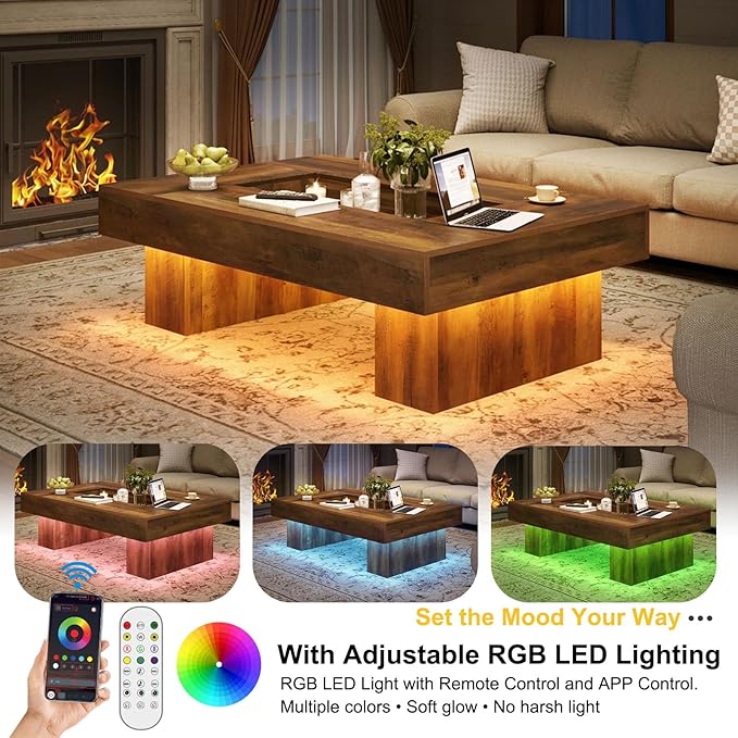 LVB Coffee Table, Modern Wood Led Living Room Table with Storage, Farmhouse Large Rectangle Center Table with LED Light, Unique Wide Low Tea Table for Living Room Home Office, 47.24 in, Rustic Oak