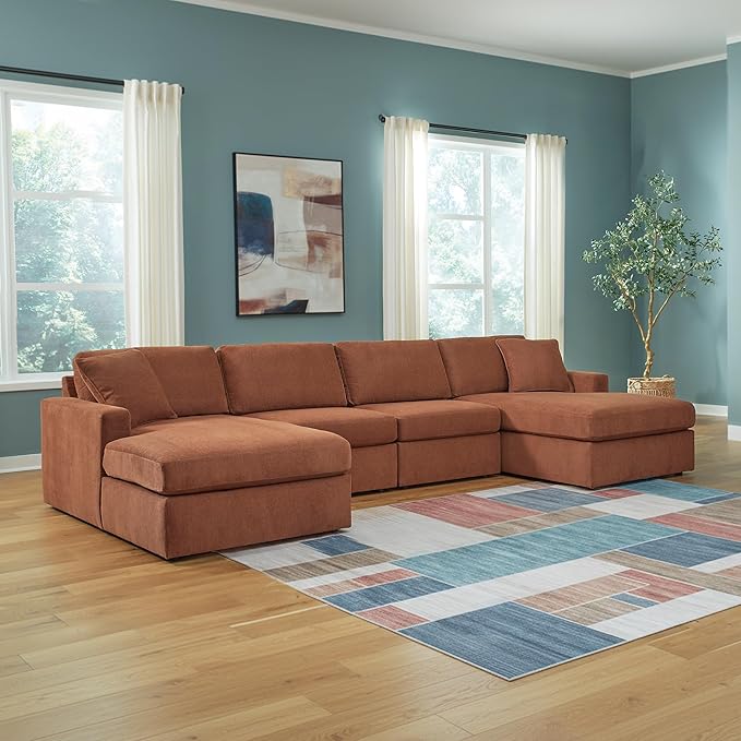 Signature Design by Ashley Modmax Stain Resistant Minimalist Modular Anti Sag 4-Piece Double Chaise Sectional with Loose Reversible Cushions and 2 Accent Pillows, Orange