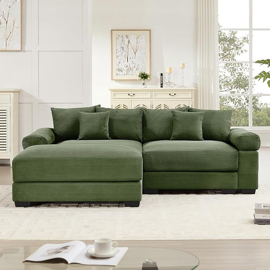 KEIKI 83" L-Shaped Oversized Corduroy Modular Sectional Loveseat Sofa with 1 Ottoman, High-Density Foam Cushion, Extra-Thick Armrest, 2-Seater Fluffy Corner Couch with 6 Pillow, for Living Room, Green