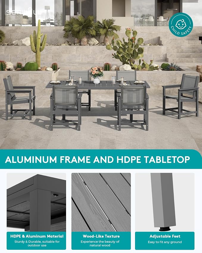 SERWALL 9-Piece Outdoor Dining Set, 60" - 83" Expandable Patio Dining Table with 8 Breathable Textilene Chairs, All Weather HDPE Patio Furniture Set, Grey - Image 4