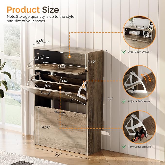 VINGLI Shoe Cabinet Storage for Entryway Ultra Slim with 2 Flip &1Drop-Down Drawers, 24.8" W Narrow Shoe Cabinet for Front Door Entrance,Freestanding Washed Gray Wood Shoes Organizer for Hallway - Image 3
