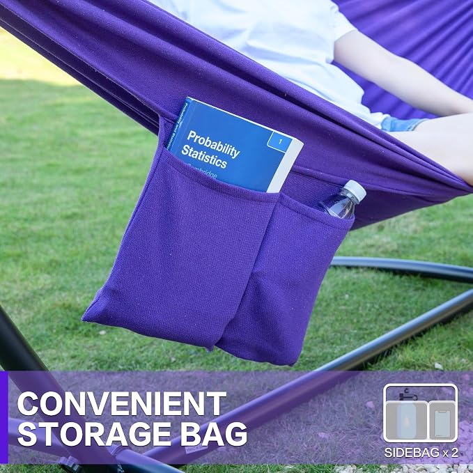 PNAEUT Double Hammocks with Stand for Outside, Portable Space Saving Heavy-Duty Steel Stand for Indoor Outdoor Patio with Carrying Bag, 450 lbs Capacity (Purple) - Image 6