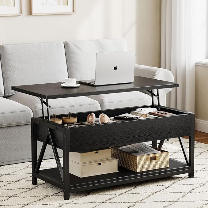 Lift Top Coffee Table,Lift Coffee Tables with Storage Shelf and Large Hidden Compartment for Living Room,Lift Tabletop Dining Center Table for Small Space, Black