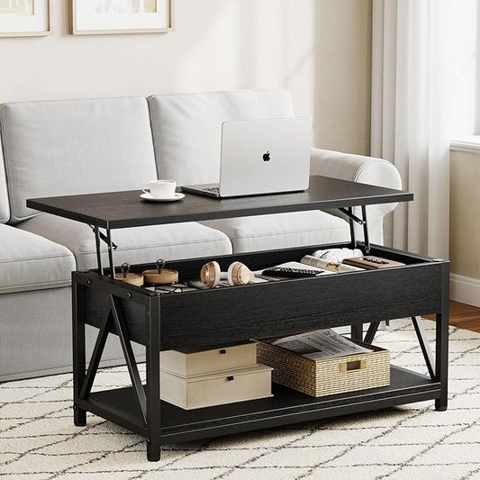 Lift Top Coffee Table,Lift Coffee Tables with Storage Shelf and Large Hidden Compartment for Living Room,Lift Tabletop Dining Center Table for Small Space, Black