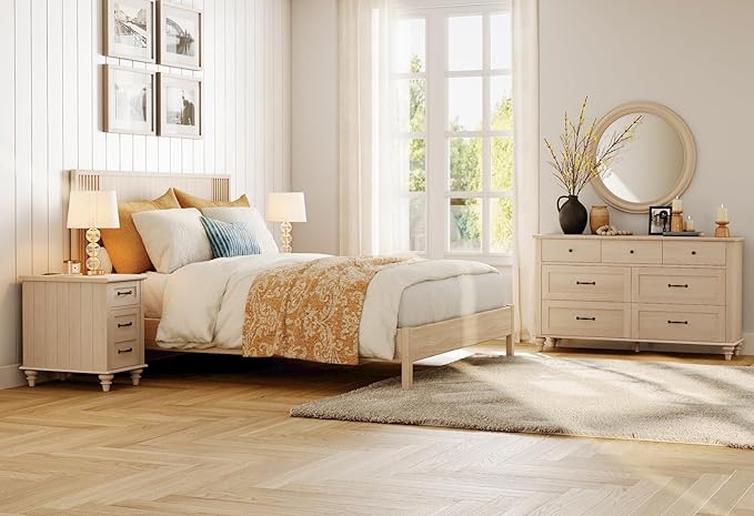 WAMPAT 3 Piece Bedroom Set - Includes Farmhouse 7 Drawer Dresser, Set of 2 End Tables with Charging Station & Storage Cabinet, 3 Piece Dresser and Nightstand Sets, Beige
