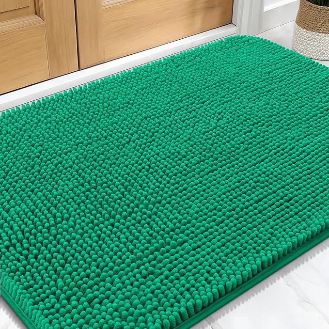 OLANLY Dog Door Mat for Muddy Paws 30x20, Absorbs Moisture and Dirt, Absorbent Non-Slip Washable Doormat, Quick Dry Chenille Mud Mat, Entry Indoor Entryway Carpet for Inside Floor, Emerald Green by OLANLY