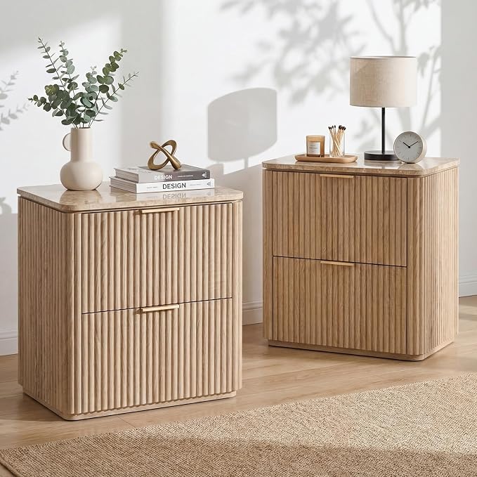 Fluted Night Stand, 23"W Nightstand with 2 Drawers, Wood Bed Side Table with Faux Marble-Top, Curved Profile Design, Metal Handle, Modern Bedside Table for Bedroom, Living Room End Table, Natural Oak - Image 8