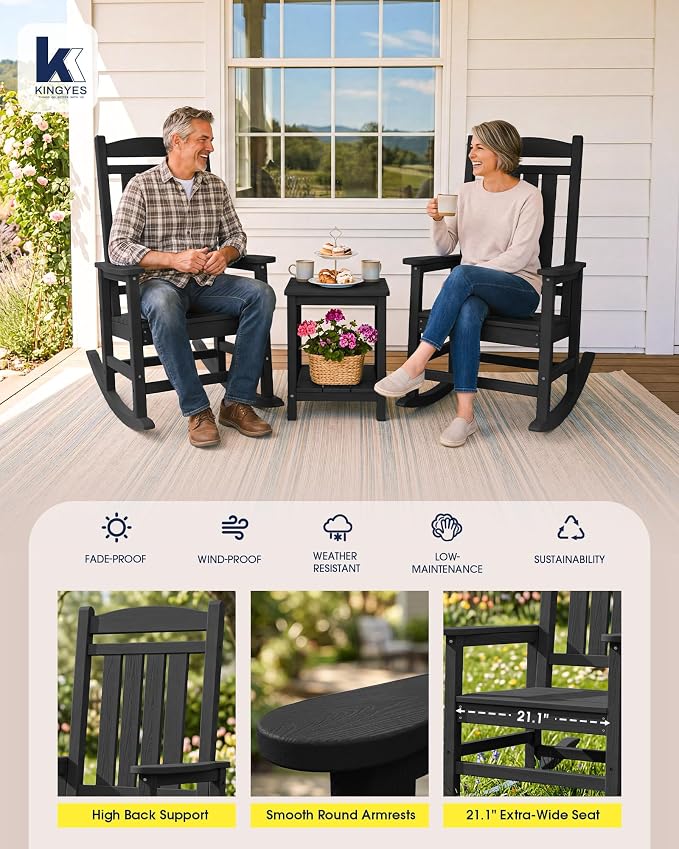 KINGYES Oversized Outdoor Rocking Chair Set of 2, High Density Polyethylene Patio Rocking Chairs with 330lbs Support for Adults, Black - Image 6