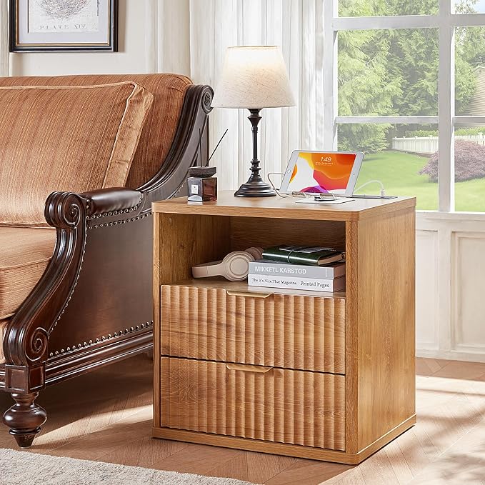 LEYAOYAO Fluted Nightstand with Charging Station, 23" Wide 2 Drawers End Table, Brown Night Stand with Open Storage Cabinet, Farmhouse Bed Side Tables, Wood Dresser for Bedroom, Living Room, Closet - Image 5