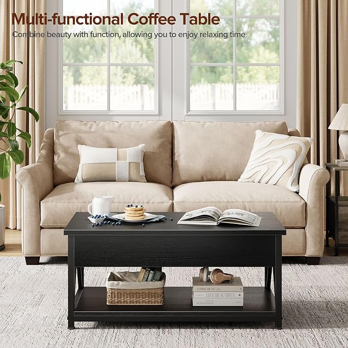 Lift Top Coffee Table,Lift Coffee Tables with Storage Shelf and Large Hidden Compartment for Living Room,Lift Tabletop Dining Center Table for Small Space, Black