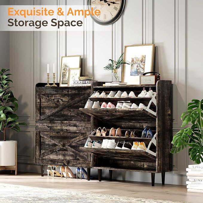 VINGLI Shoe Storage Cabinet for Entryway with 2 Flip Drawers, Ultra Slim Freestanding Entryway Shoe Organizer with Wood Tapered Legs,Hidden Closed Shoe Rack,31.6"W * 9.4"D * 39.4"H, Dark Rustic Oak - Image 4