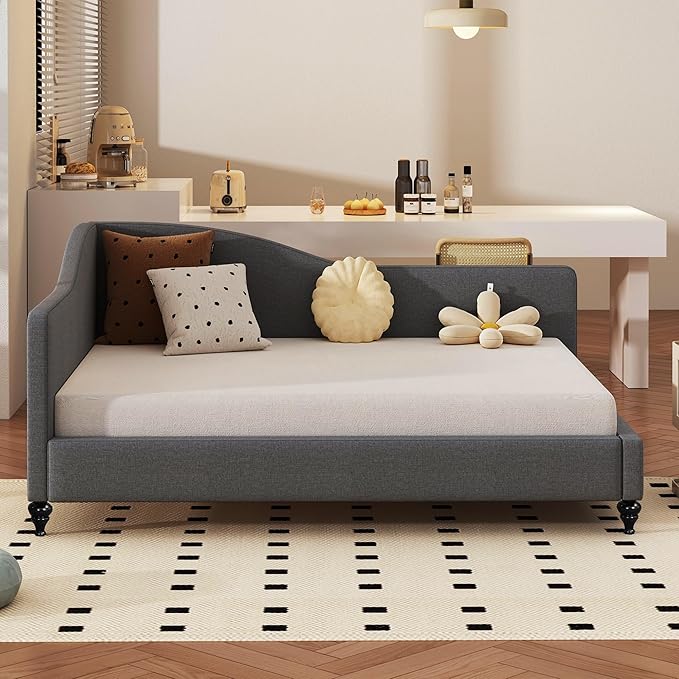 Merax Full Size Bed Frame Daybed, L-Shaped Linen Day Bed Corner Sofa with Solid Wood Legs for Living Room, Guest Room, No Box Spring Needed, Grey