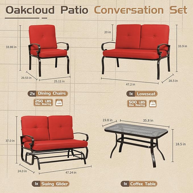 Oakcloud 5-Piece Outdoor Metal Furniture Sets Patio Conversation Set Wrought Iron Glider, 2 Single Chairs, Loveseat and Coffee Table, Red