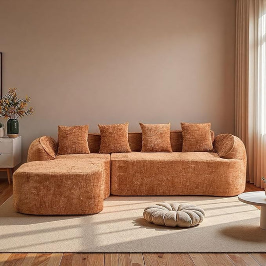 L Shaped Compression Sofa, Modern Modular Couch with Left Chaise Lounge & 4 Lumbar Pillows, Chenille Fabric Oversized 4-Seater Cloud Couch with Rounded Armrests for Living Room, Orange
