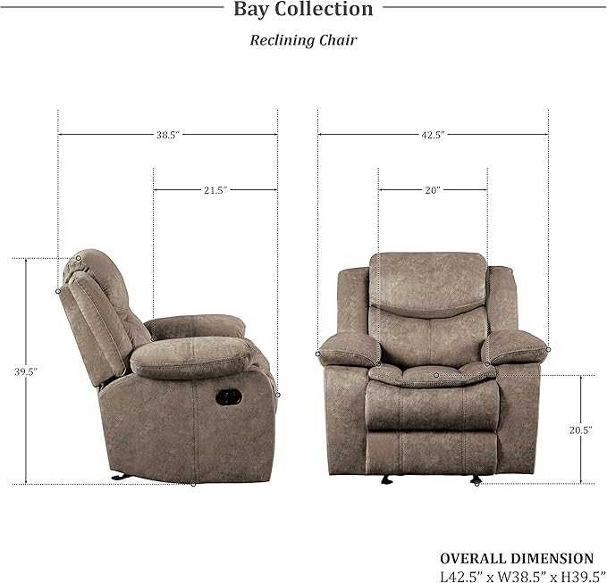 Lexicon Bay Manual Reclining Living Room Sofa Set, 3-Piece, Brown