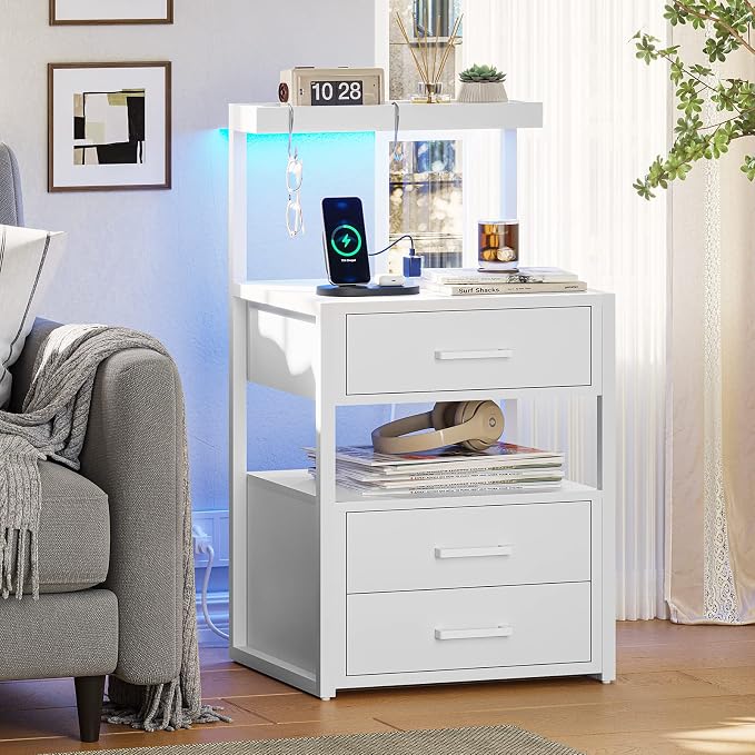 AOGLLATI Nightstand Set of 2 with Charging Station and LED Lights, Bedside Table with 3 Drawers and Open Storage Shelves, 2 USB Ports and 2 AC Outlets, LED Night Stand for Bedroom, 2 Pack, White - Image 9