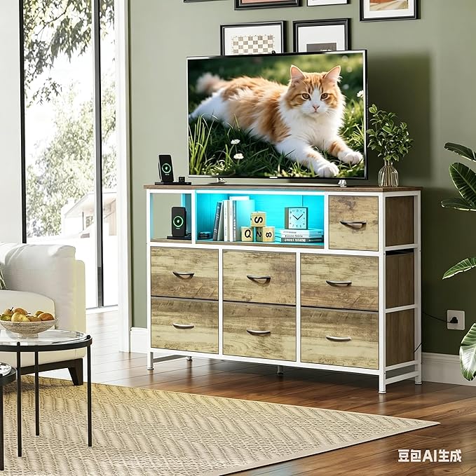 Simple Deluxe TV Stand Dresser with 8 Fabric Drawers and Open Shelves, Entertainment Center with LED Lights & Charging Station, Wood Top for 45" -55" TV, for Bedroom/Living Room/Hallway, Oak