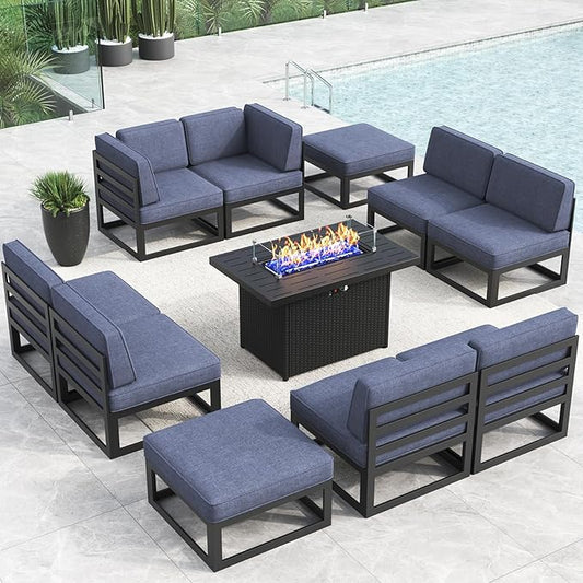 LayinSun Large Aluminum Patio Furniture Set with Fire Pit Table, 11 Pieces Modern Outdoor Conversation Set Sectional Metal Sofa Set with Olefin Cushion