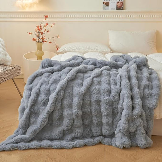 LIFEREVO Luxury Fluffy Faux Rabbit Fur Throw, Plush Fuzzy Bubble Blanket for Couch Sofa, Soft Cute Furry Bed Blanket Home Decoration, Shaggy Throw for Bedroom Living Room Office, 50x60, Light Grey