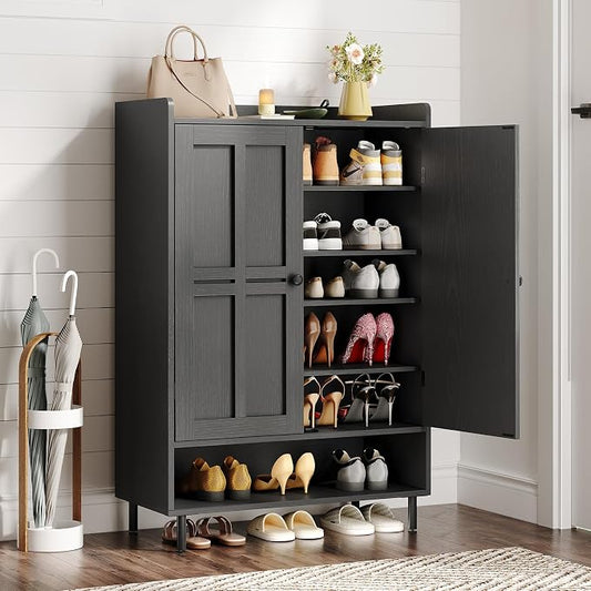 ONBRILL Shoe Cabinet with Cross Molding Doors, 6-Tier Shoe Storage Cabinet with 3 Adjustable Shelves and Metal Legs, 45'' Tall Shoes Rack Organizer Cabinet for Entryway, Front Door, Black by ONBRILL