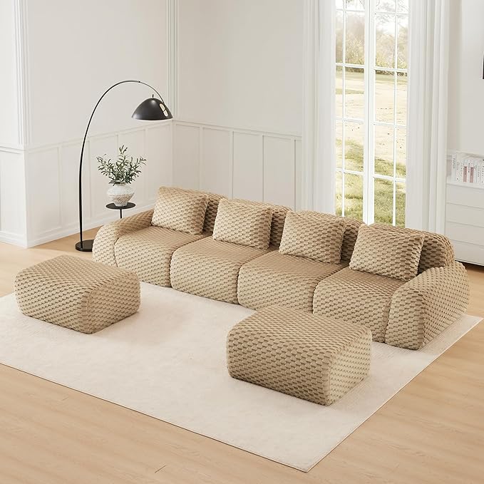 146" U-Shaped Compressed Sectional Cloud Sofa, Flannel Upholstered Modular Deep Seat Sofa with 6 Pieces, Symmetrical Boneless Foam Modular Cloud Couches for Living Room