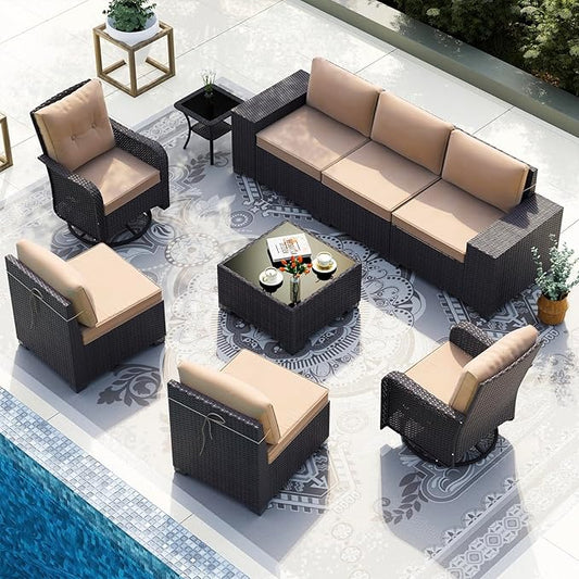 Gotland 9 Pieces Patio Furniture Set, 7-Seater Patio Furniture in 4 Combinations with Wide Armrests 29.5'' High Backrest, 2 Swivel Rocking Chairs 1 Coffee Table, for Deck Garden Pool Party Khaki