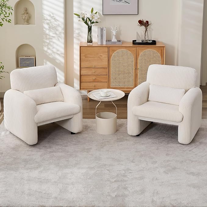 WUTUTUEE Corduroy Fabric Accent Chairs Set of 2, Modern Upholstered Living Room Chairs with Lumbar Pillow, Wide Comfy Leisure Armchair for Bedroom, Office, Reading, White