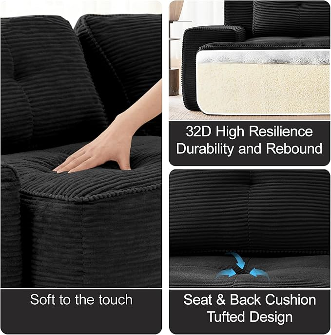 Casaphoria 150'' Corduroy Cloud Couch, 4-Seat L-Shaped Sectional Sofa with 4 Pillows & Ottoman for Living Room, Deep Seat Boneless Couch for Modern Apartment, No Assembly Required, Black