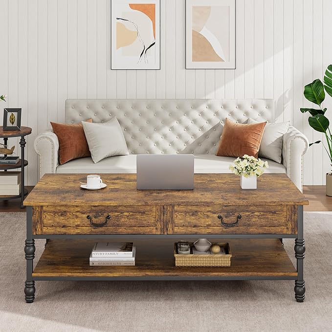 IDEALHOUSE Coffee Table with Drawers 41" Large Center Table with Storage Rectangular Cocktail Table Mid Century Wooden Coffee Tables Retro Living Room Table Vintage Tea Table, Rustic Brown