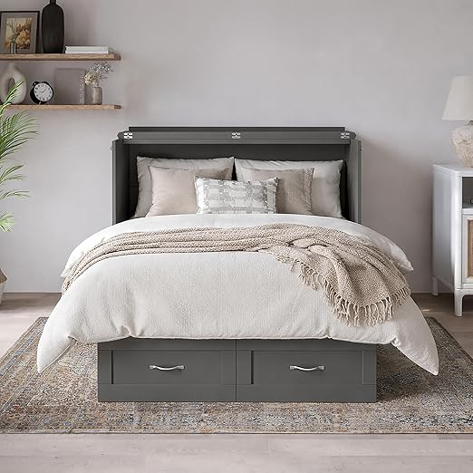 AFI, Chelsea Mid-Century Modern Full Wood Murphy Bed Chest with 6" Mattress, Storage Drawer & Built-in USB Charger, Grey