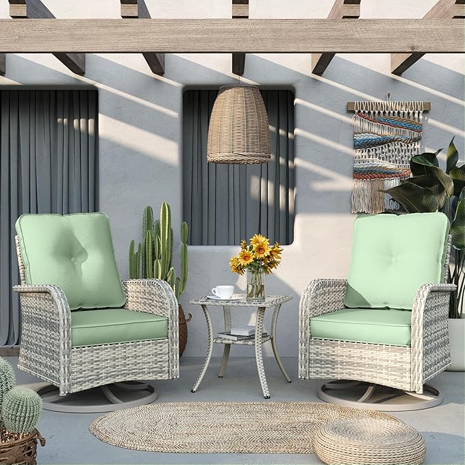 Patio Rocking Swivel Chair Outdoor Wicker Rattan Bistro Set with Tempered Glass Side Table, Outdoor Patio Furniture Set for Garden, Deck, and Balcony, Light Green