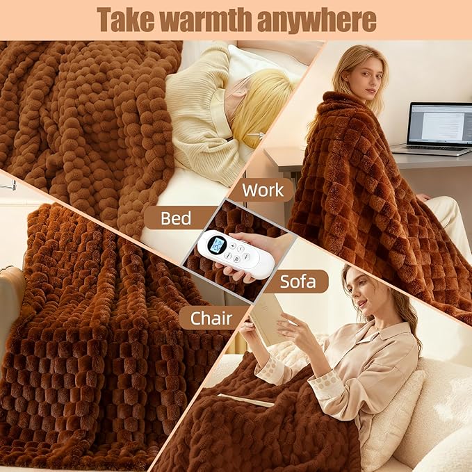 Eastsora Heated Blanket Electric Blanket Heating, Dual Control Soft Ribbed Faux Fur Electric Blanket with 12 Heat Levels 12H Timer ETL FCC Certified Machine Washable (Camel, King Size - 90" x 100")