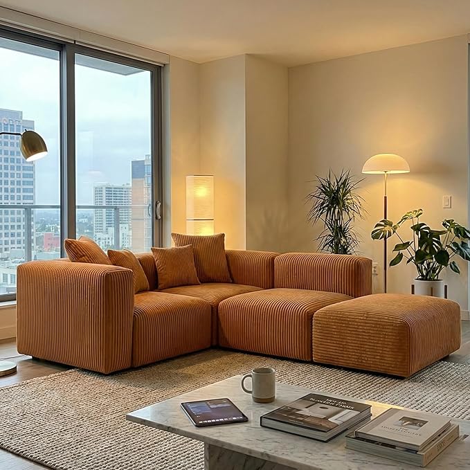 Acanva Convertible Modular Sectional Sofa with Movable Ottomans, Free Combination Corduroy Couch for Living Room Apartments, L-Shaped, Yellow