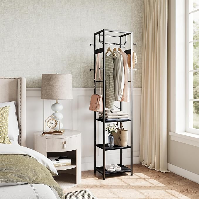 ELYKEN Coat Rack Freestanding, Hall Tree with 3 Storage Shelves and 12 Hooks, Metal Clothes Rack Stand Organizer for Bedroom, Hallway, Entryway, Office, Living Room, Black - Image 4