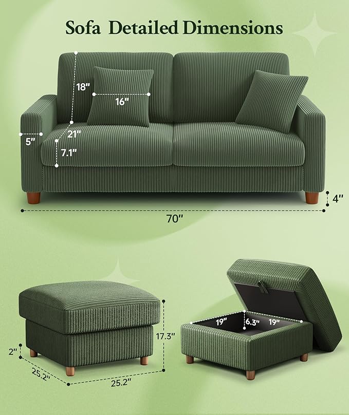 70.2" Couches for living room, Comfy U Shaped Couch Green 7.1" Thicker Cushion, Sofas for Living Room Tool-Free Setup, Loveseat with Ottoman 7058lbs Support, Corduroy Couch for Bedroom, Office