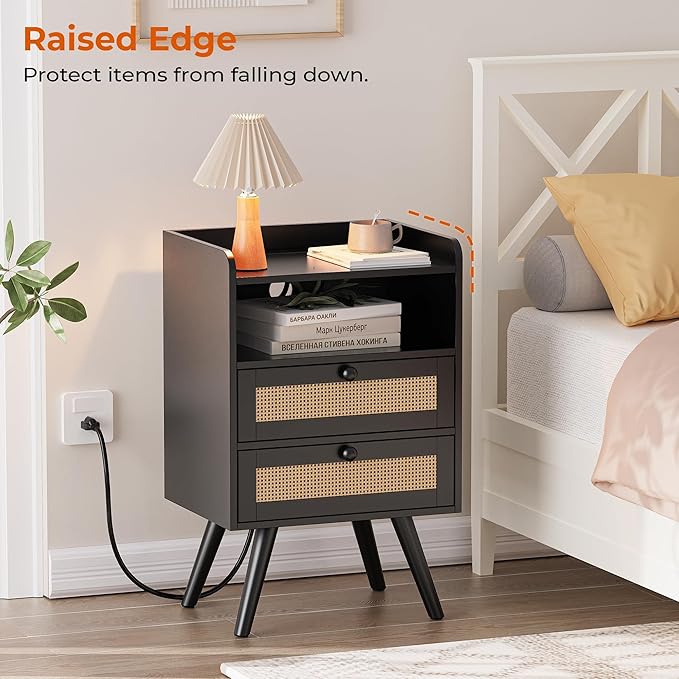 SUPERJARE 2 Drawer Night Stand with Charger Station, Boho Rattan Nightstand Set of 2, 25.2 Inch Tall Bed Side Table with Solid Wood Feet, End Table, Open Storage, Synthetic Rattan, for Bedroom, Black - Image 4