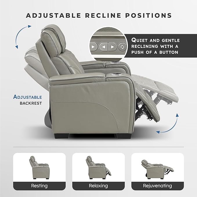 Lexicon Power Double Reclining Sofa, Center Drop-Down Table with Heat/Massage/Headrest/Storage Arms/Cup Holders/LED Lights/Wireless Charging, Top Grain Leather Match Wall Hugger Recliner Sofa, Grey