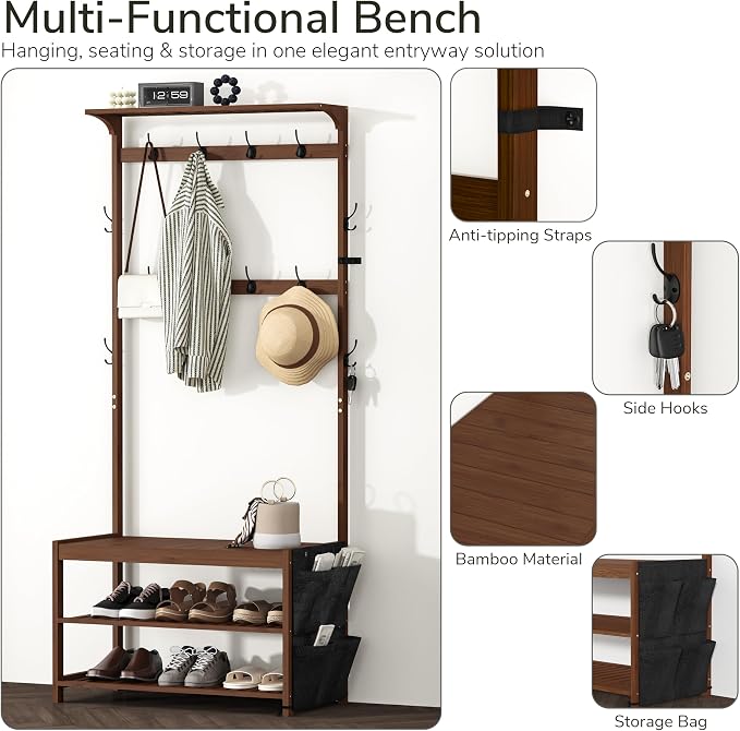 AMBIRD Hall Tree with bench and shoe storage, Entryway Bench with shoe storage, 6-in-1 Coat Rack with Cloth Bag and 12 Coat Hooks, Sturdy Bamboo Frame, Brown 31 * 15 * 70 Inches - Image 5
