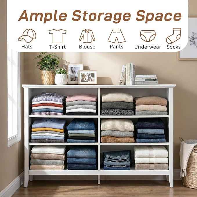 Karl home 6 Drawers Dresser for Bedroom, White Wood Dresser with Double Handle, Farmhouse Tall Chest of Drawers, Storage Organizer for Living Room, Closet, Hallway - Image 7