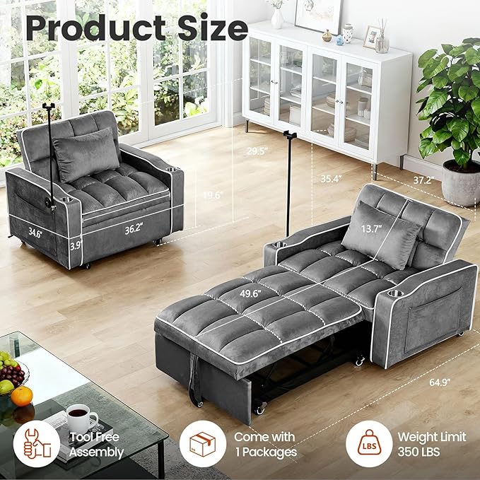 Sleeper Chair, Convertible Pull Out Chair Sleeper with Bracket and Cup Holder, Chairs Bed Sleepers for Adults, 3 in 1 Sofa Bed Chairs for Small Spaces, Living Room, Gray