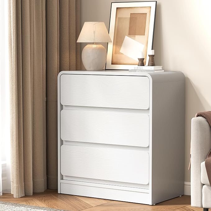 RoyalCraft White 3 Drawer Nightstand, Modern Night Stand with Drawers, Wood End Table with Storage and Curved Design, Small Dresser for Bedroom, Home Office, Entryway by Bringyoubetterlife