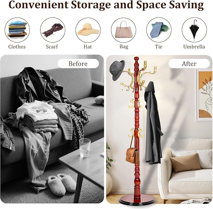 73'' Vintage Coat Racks Freestanding with 18 Hooks, Solid Wood Coat Rack Hanger Stand with 3 Adjustable Size and Disc Base, Standing Coat Rack Tree for Entryway, Bedroom, Hallway, Office, Apartment - Image 3