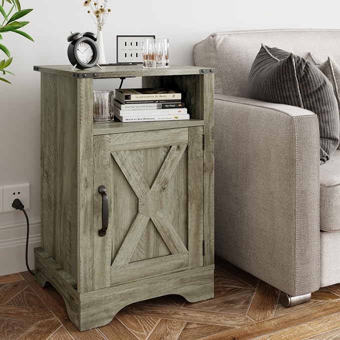 RoyalCraft Farmhouse Nightstand, End Table with Charging Station, Tall Bedside Table with Large Storage Room and Shelf, Wooden Rustic Side Table for Bedroom, Home Office, Light Grey by Bringyoubetterlife