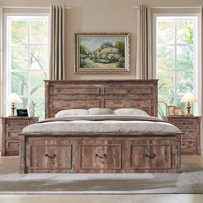 Aitjunz 26" Tall Farmhouse Nightstand Set of 2, 3 Drawers End Table w/Charging Station, 23.6" Wide Large Side Table w/Roman Column, Wood Rustic Sofa Table for Bedroom, Light Brown - Image 2